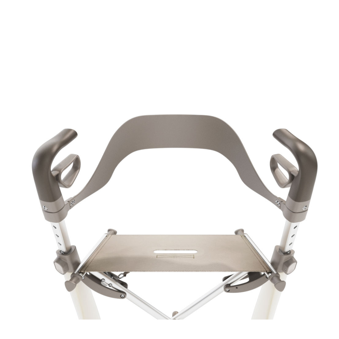 A top-down view of the Backrest for ByAcre Ultralight Carbon Fiber Rollators, featuring ergonomic support with a lightweight gray and white design to enhance comfort and reliable mobility assistance.